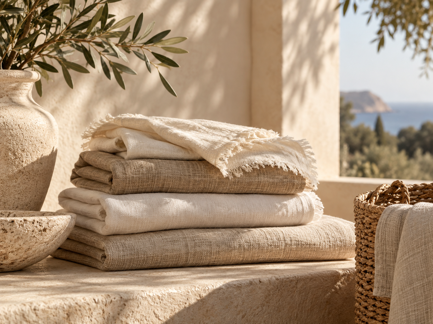 Folded natural fabrics in warm ivory and stone tones